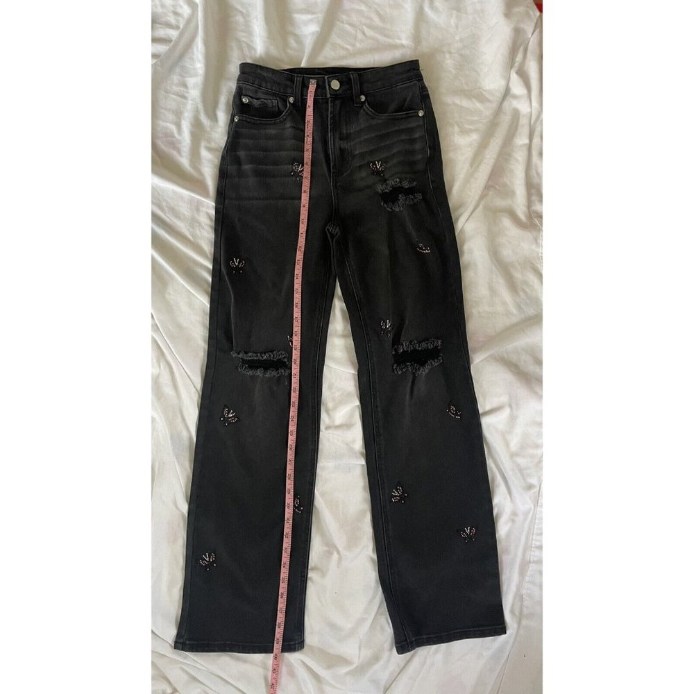 Women’s Black Jeans With Pink Butterfly Rhinestone Bootcut Jeans Size 1